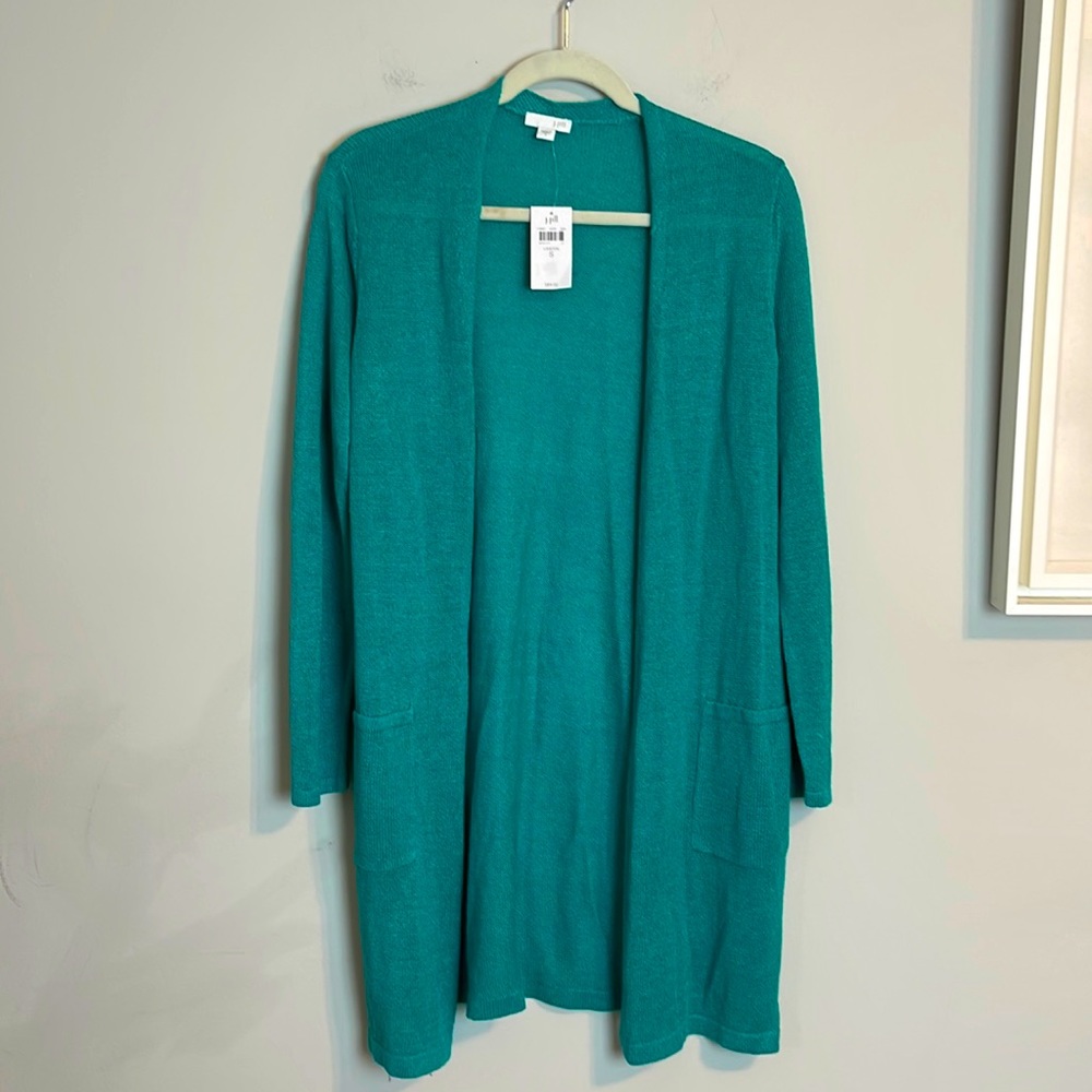 J. Jill linen blend long knit Cardigan sweater in color lagoon size small - Picture 2 of 8